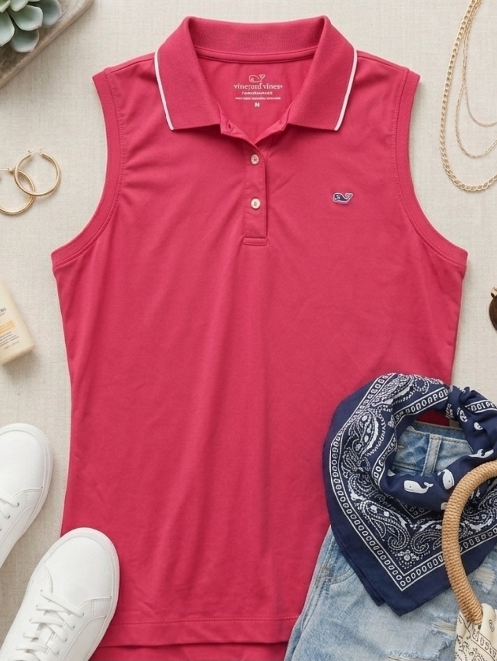 Vineyard Vines Sleeveless Polo Tank Top -  Pink with White Trim